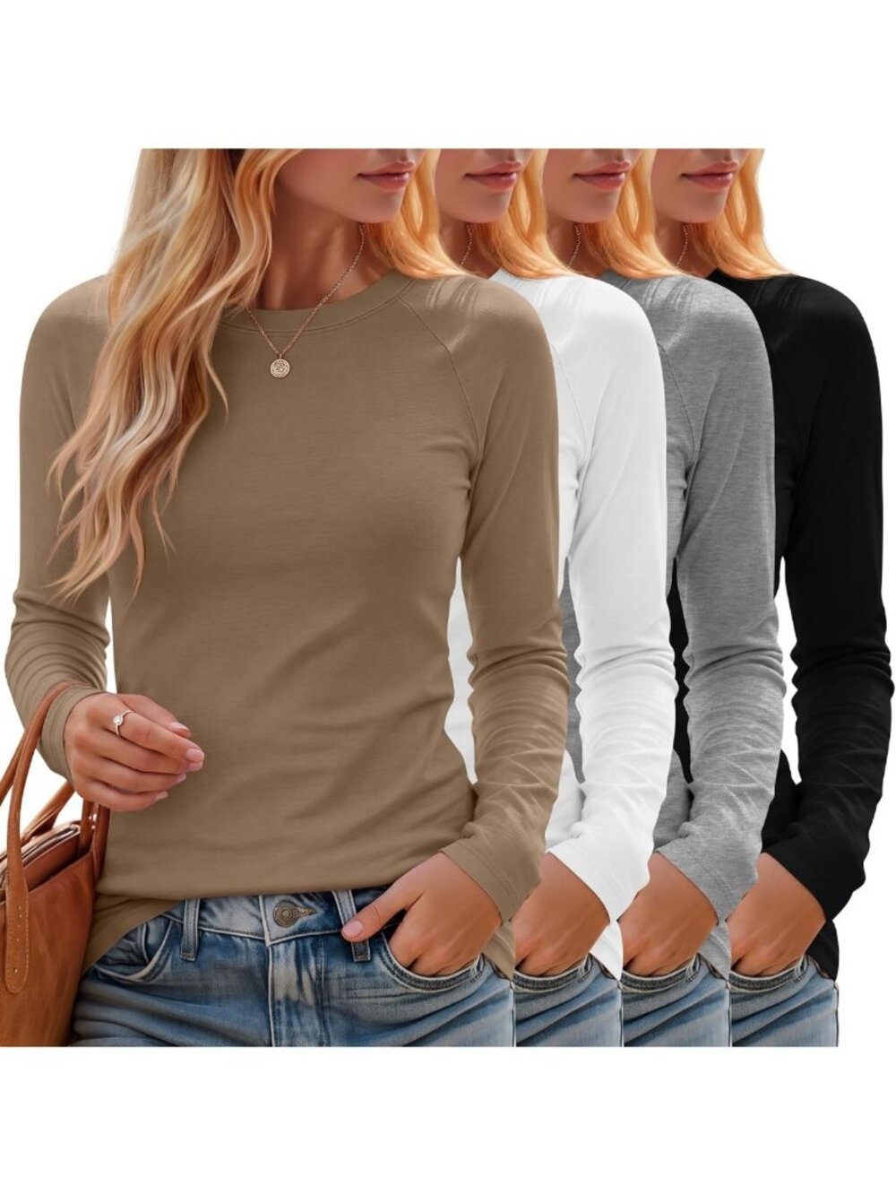 4 Pack Women's Long Sleeve Fall Tops - Casual Basic Shirts for Layering